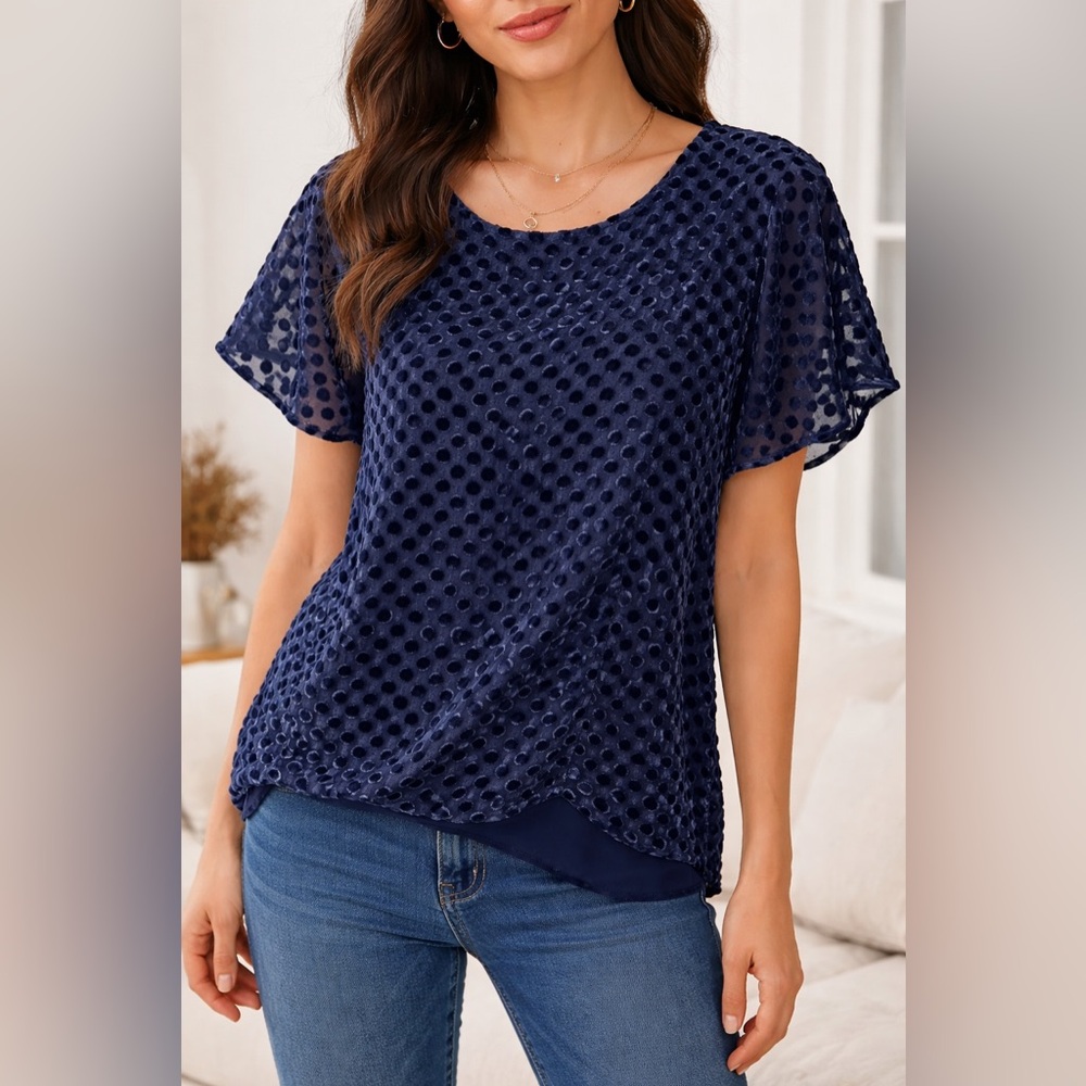LOFT Navy Blue Velvet Polka Dot Blouse – XL – NWT